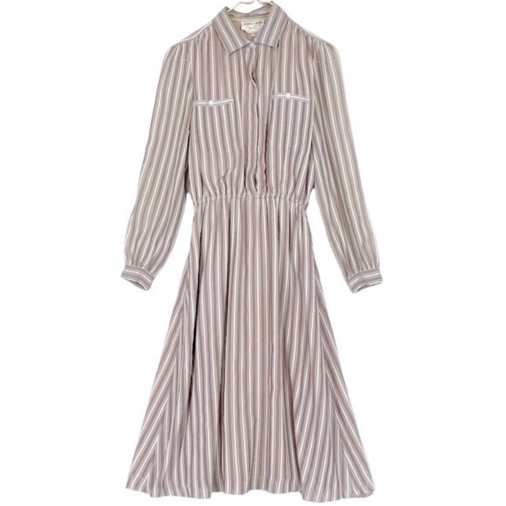VINTAGE 70s Pierre Cardin Boutique Sheer Mauve Stripped Button Up A-Line Dress